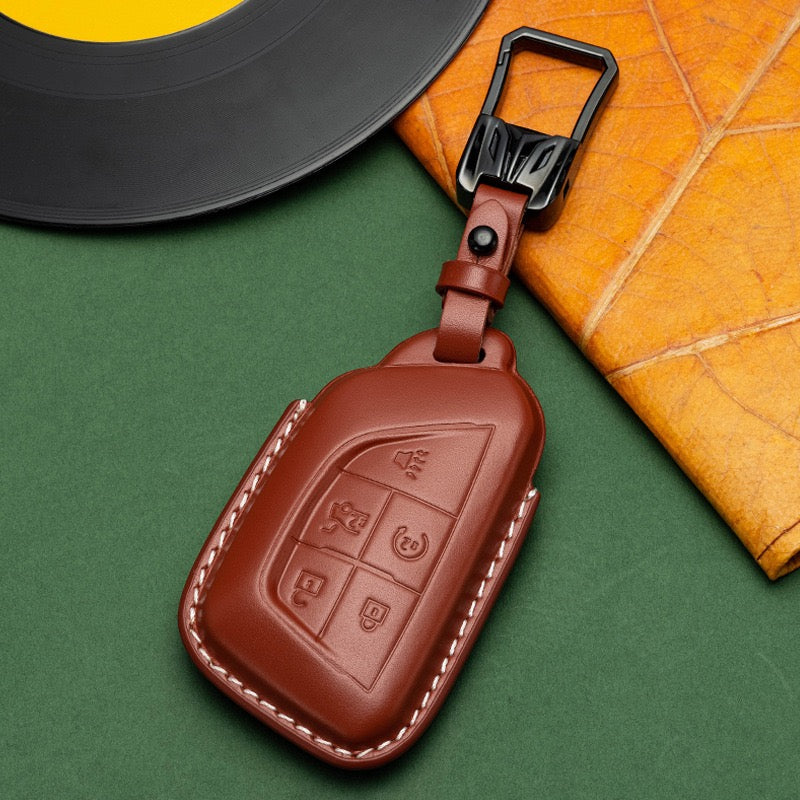 Exclusive Leather Key Fob Cover for Cadillac (Model D)